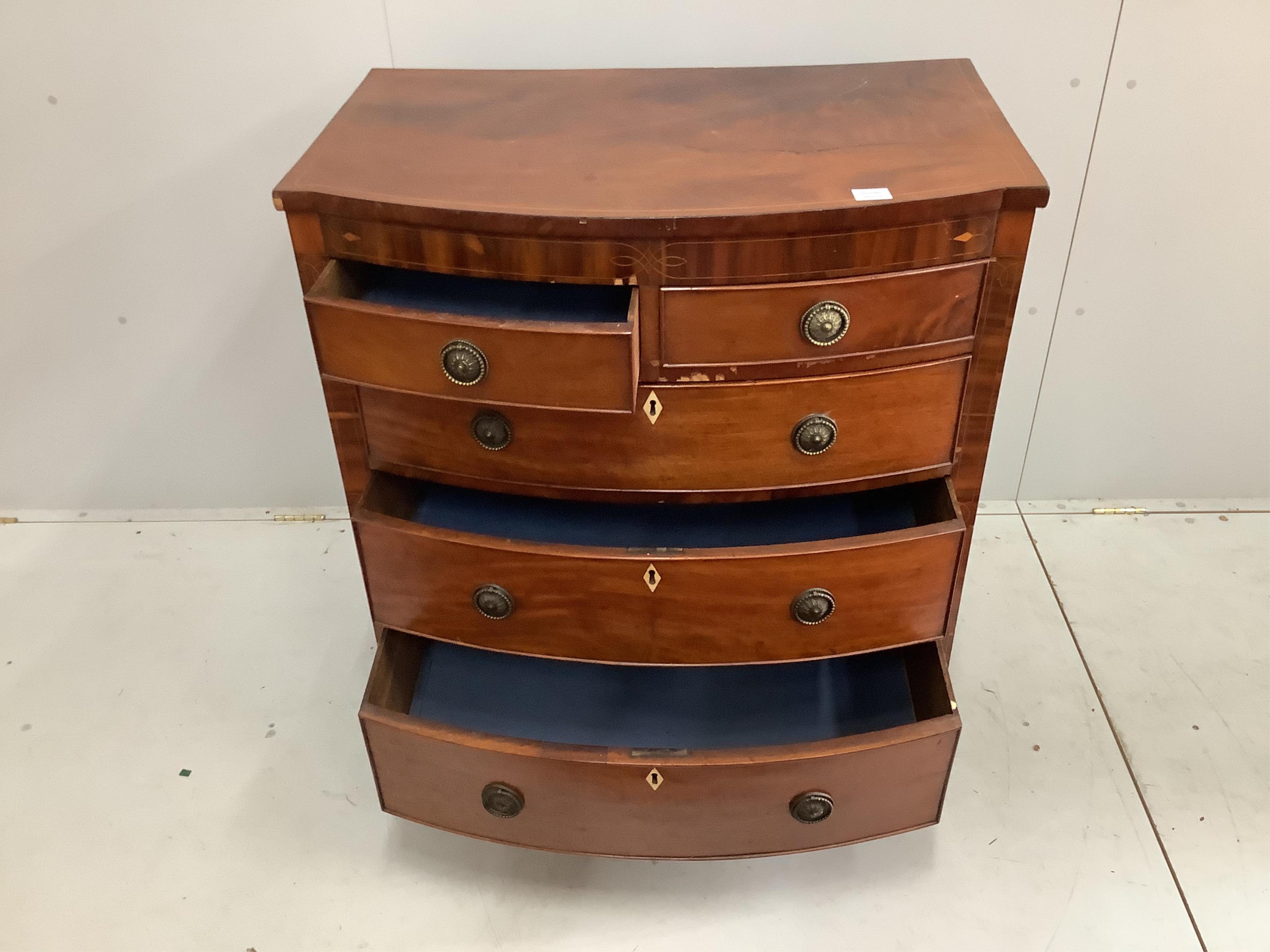 A Regency mahogany bow front chest, width 90cm, depth 57cm, height 102cm. Condition - poor to fair